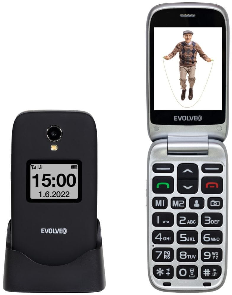 Evolveo EasyPhone FS, vyklápací mobilný telefón seniorov s nabíjacím stojanom, čierna